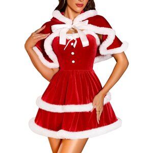Sexy Christmas Velvet Dress with Cape & Furry Babydoll 2-Piece Outfit